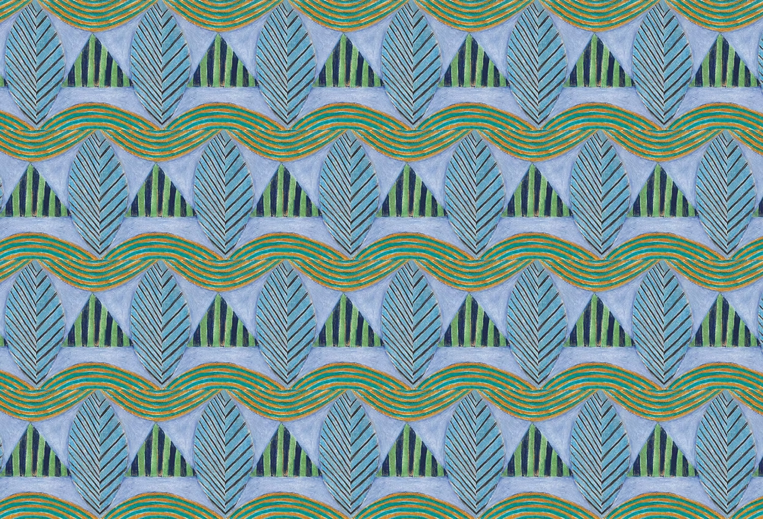 A close-up of a patterned wallpaper featuring repeating rows of stylized green leaves and wavy olive-yellow lines, striped blue and green triangles on a pale purple background.