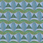 A close-up of a patterned wallpaper featuring repeating rows of stylized green leaves and wavy olive-yellow lines, striped blue and green triangles on a pale purple background.