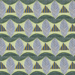 A close-up of a patterned wallpaper featuring repeating rows of stylized grey leaves, blue and yellow stripe triangles and wavy blue-yellow lines on yellow background.
