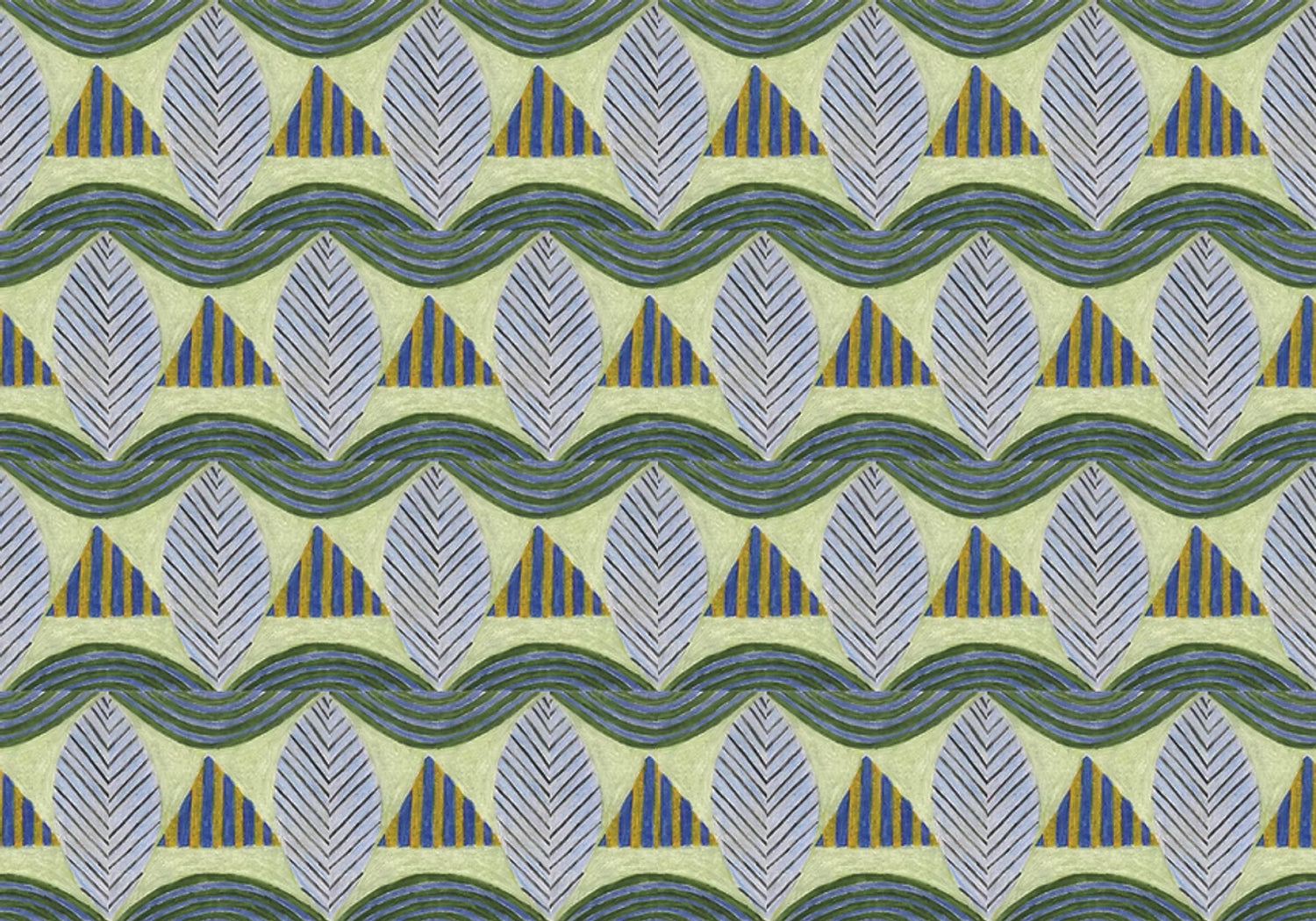A close-up of a patterned wallpaper featuring repeating rows of stylized grey leaves, blue and yellow stripe triangles and wavy blue-yellow lines on yellow background.