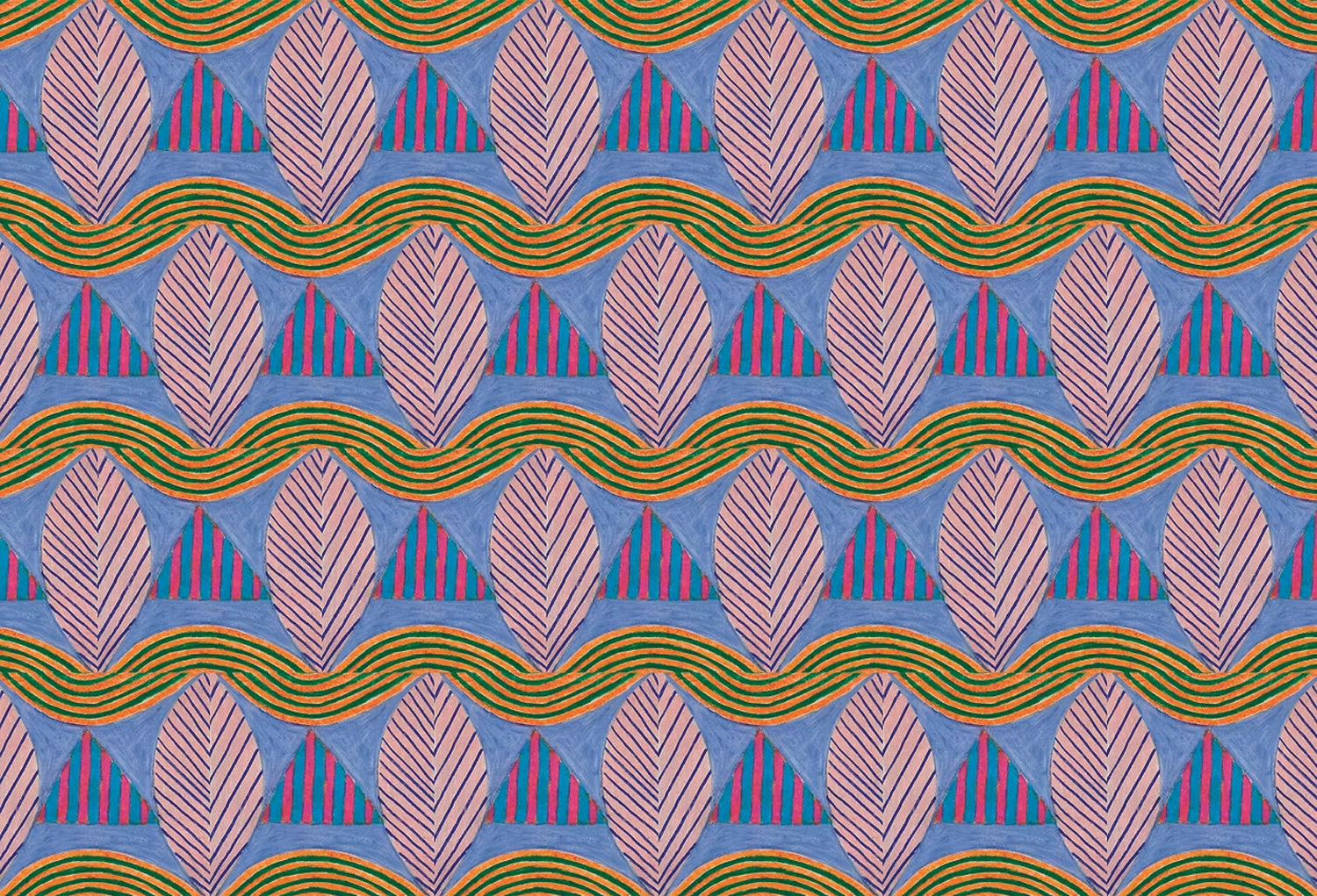 A close-up of a patterned wallpaper featuring repeating rows of stylized pink leaves, blue and red striped triangles and wavy orange-green lines on a blue background