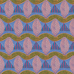 A close-up of a patterned wallpaper featuring repeating rows of stylized pink leaves, blue and red striped triangles and wavy orange-green lines on a blue background