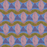 A close-up of a patterned wallpaper featuring repeating rows of stylized pink leaves, blue and red striped triangles and wavy orange-green lines on a blue background