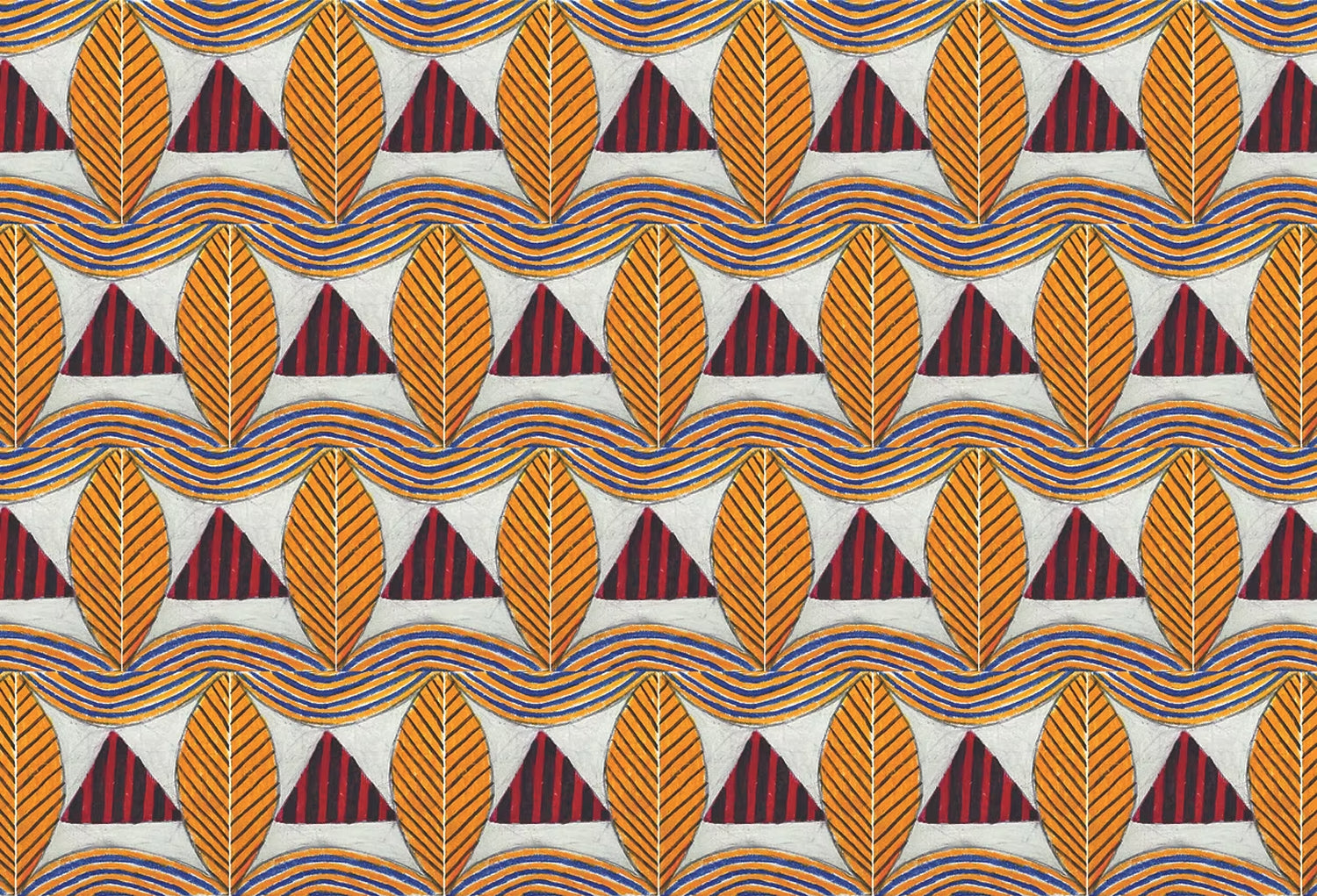 A close-up of a patterned wallpaper featuring repeating rows of stylized orange leaves, navy and red striped triangles and wavy orange-blue lines on a white background