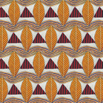 A close-up of a patterned wallpaper featuring repeating rows of stylized orange leaves, navy and red striped triangles and wavy orange-blue lines on a white background