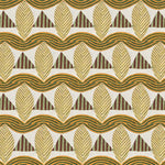 A close-up of a patterned wallpaper featuring repeating rows of stylized tan leaves, brown and green striped triangles and wavy tan-green lines on a white background