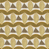 A close-up of a patterned wallpaper featuring repeating rows of stylized tan leaves, brown and green striped triangles and wavy tan-green lines on a white background