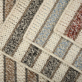 Close-up of textured area rugs with striped pattern in various colors. 