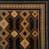 Close-up of a patterned rug with geometric design in brown and black.