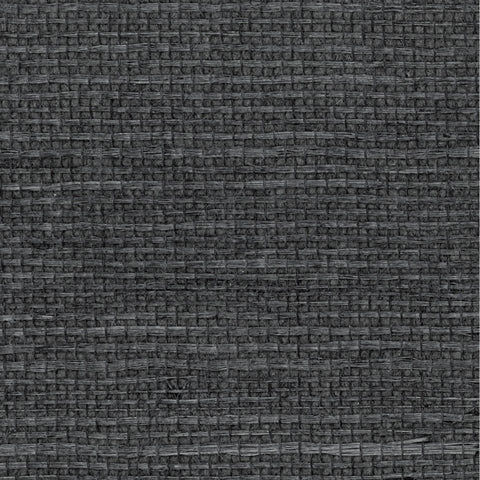 Detail of a sisal grasscloth wallpaper in mottled charcoal on a paper backing.