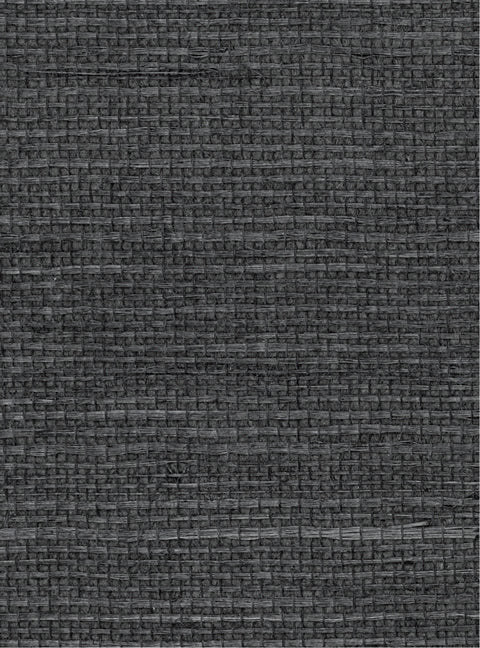 Detail of a sisal grasscloth wallpaper in mottled charcoal on a paper backing.