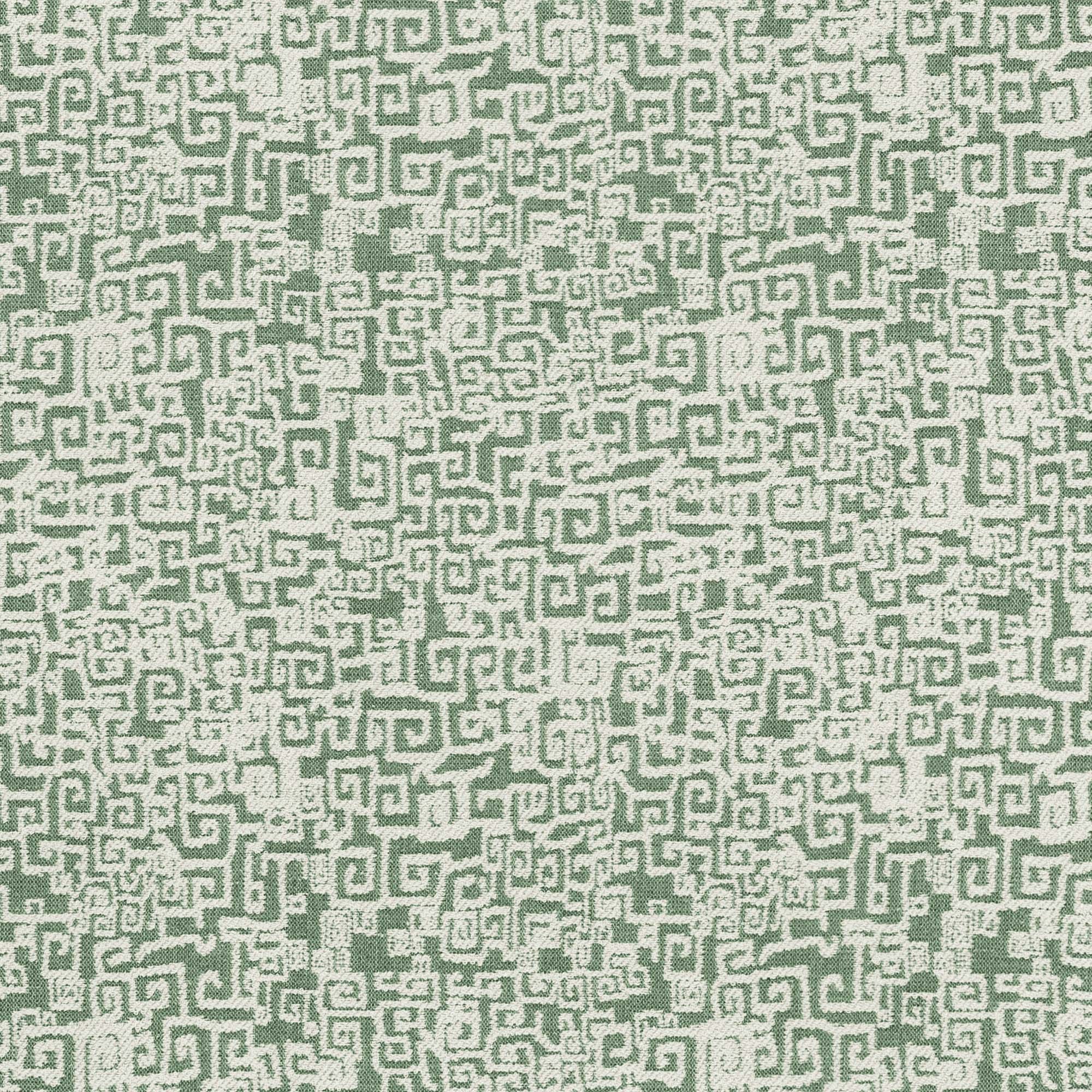 Woven performance fabric in playful greek key motif in ivory on a green field. 
