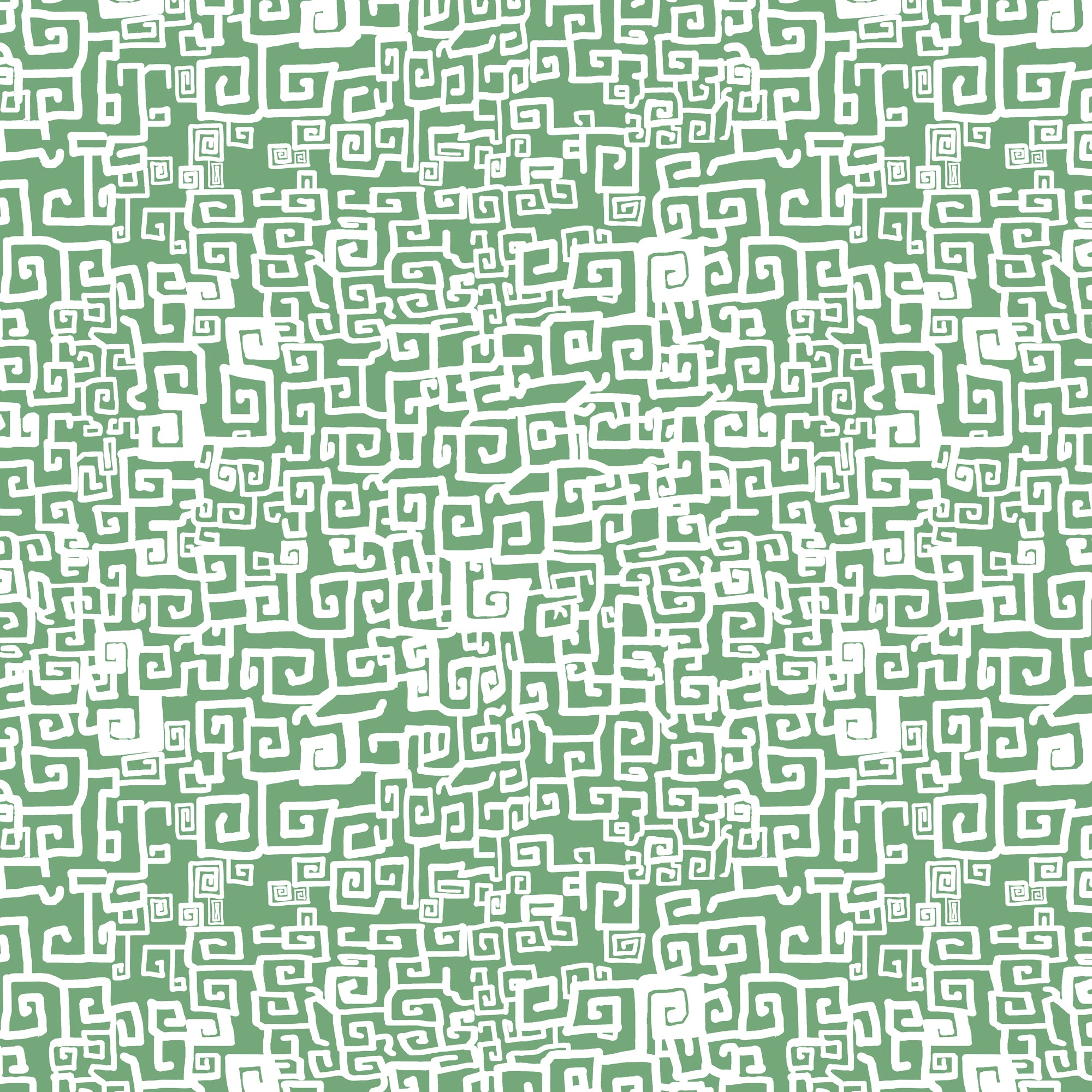 Hand drawn Greek Key pattern in white on green.