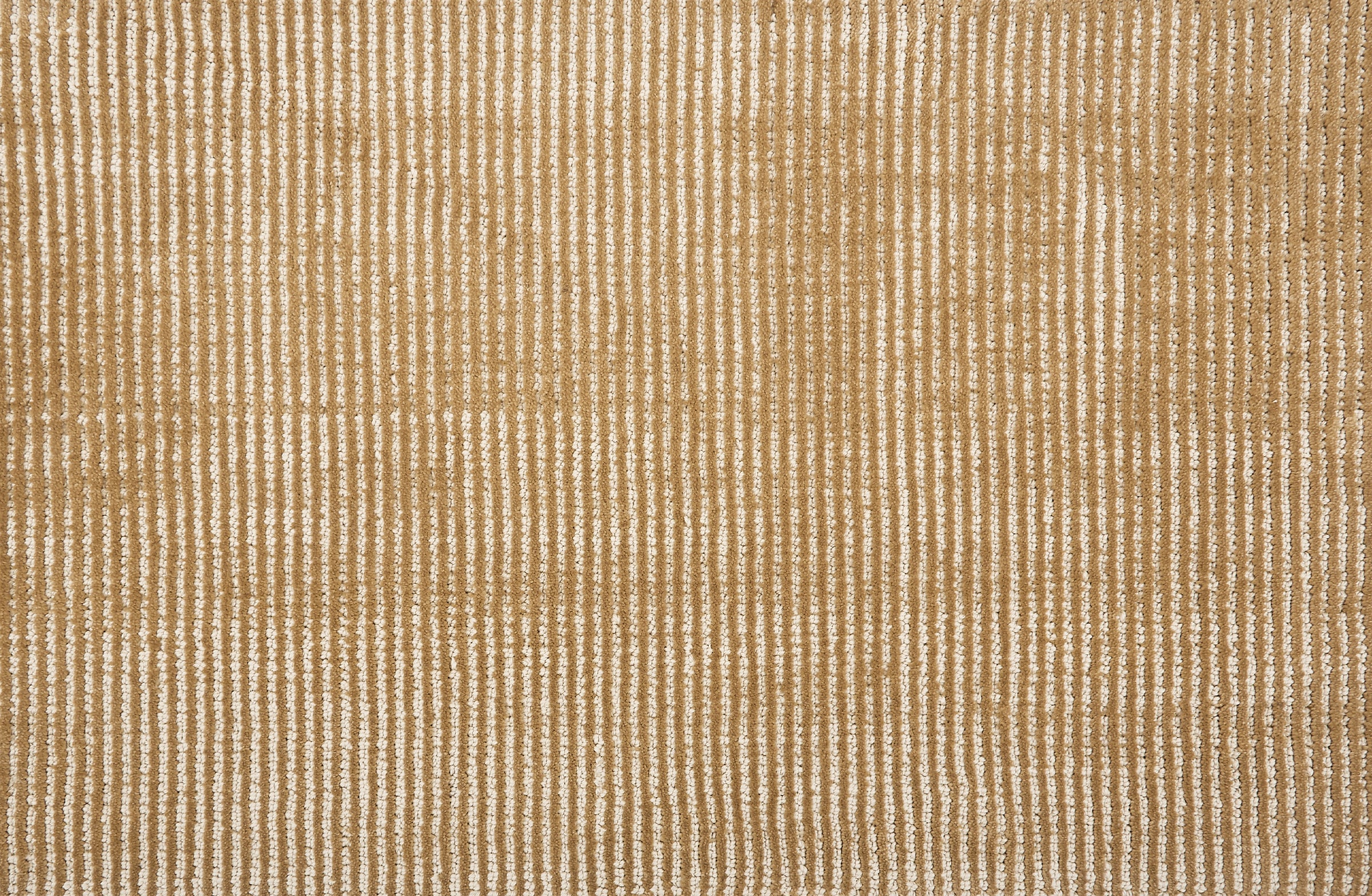 Broadloom carpet sample in a thin ribbed stripe in warm tan.