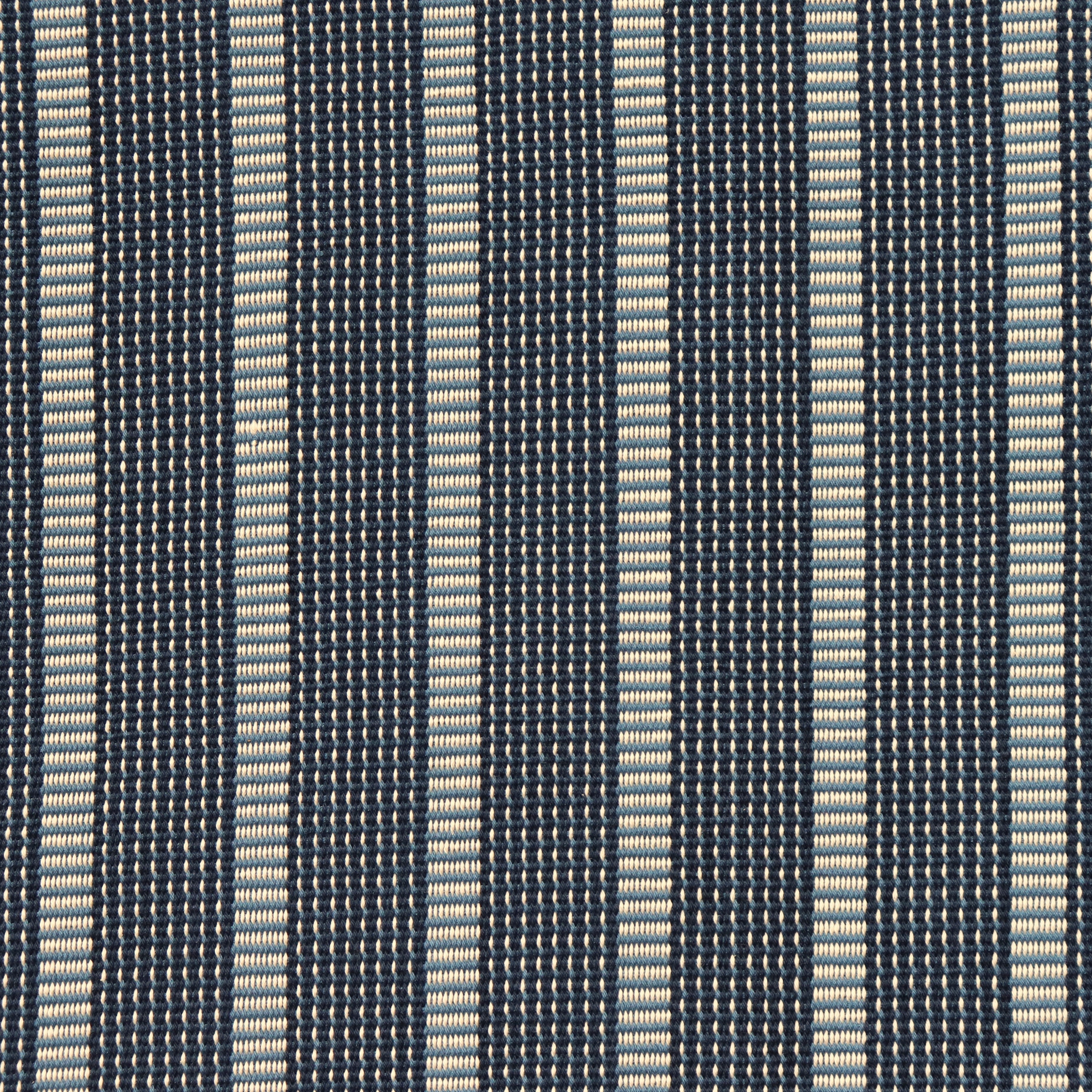 Detail of a hand-woven cotton striped fabric in shades of blue and beige.