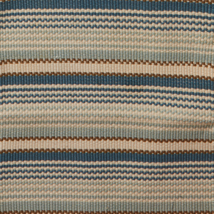 Flatwoven rug in multi width stripes in blue, cream and brown,