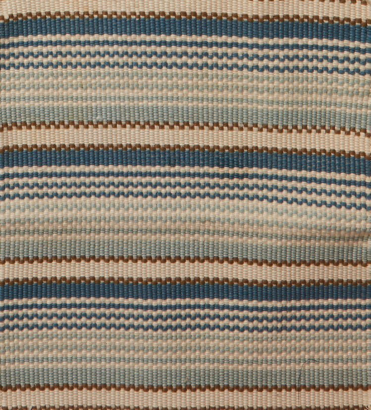 Flatwoven rug in multi width stripes in blue, cream and brown,