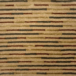 Handknotted rug in a varied silk stripe pattern of green, brown and tan on a tan field. 