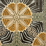 Decorative rug with geometric pattern in brown, black, and beige colors.