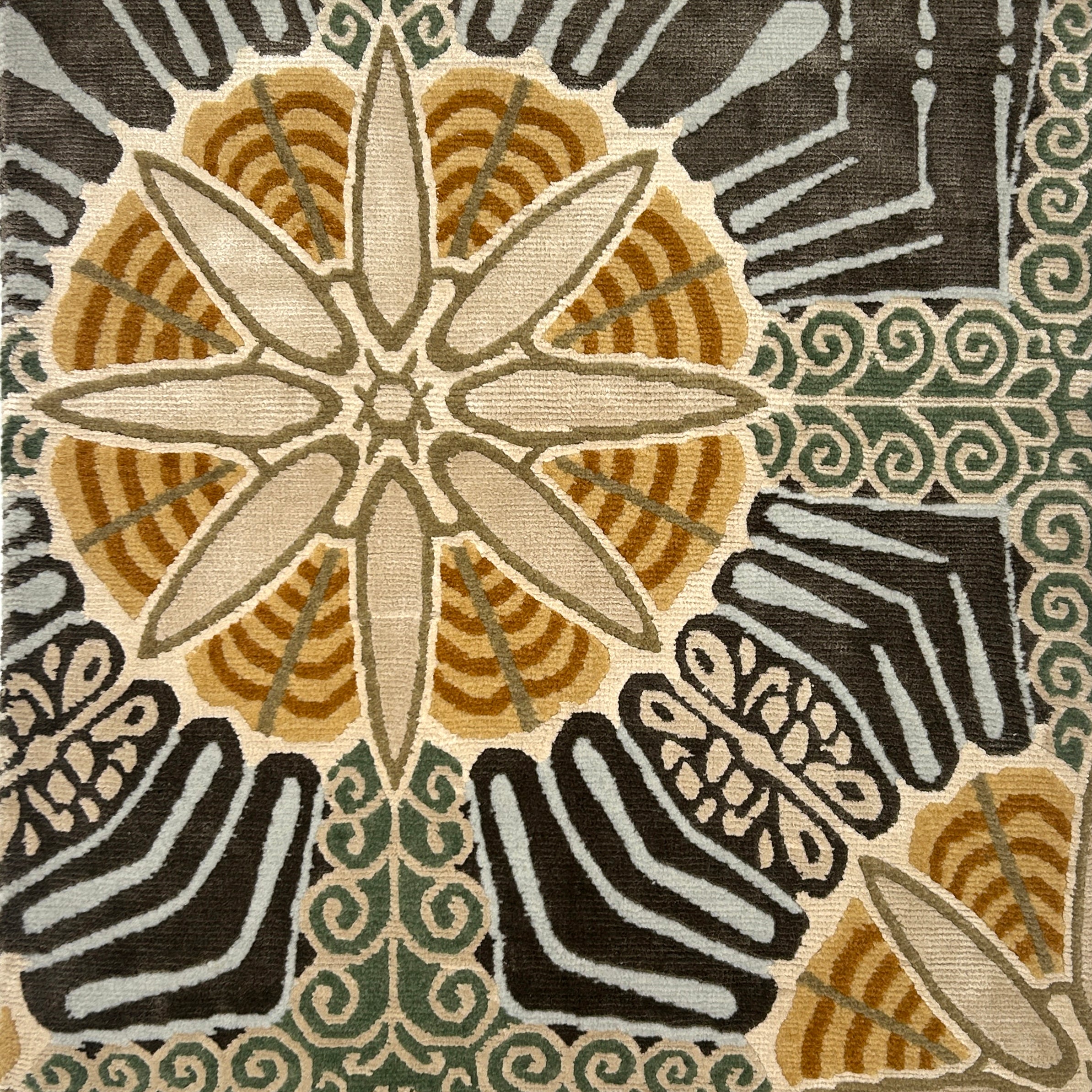 Decorative rug with geometric pattern in brown, black, and beige colors.