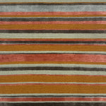 Striped handknotted rug with pink, tan, grey and aqua.