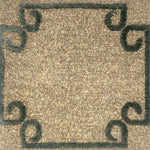Hand knotted rug in a strie taupe field with a sage green raised curled corner border. 