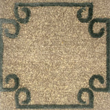 Hand knotted rug in a strie taupe field with a sage green raised curled corner border. 