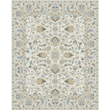 Handmade rug in an intricate floral damask in pastel tones on white. 
