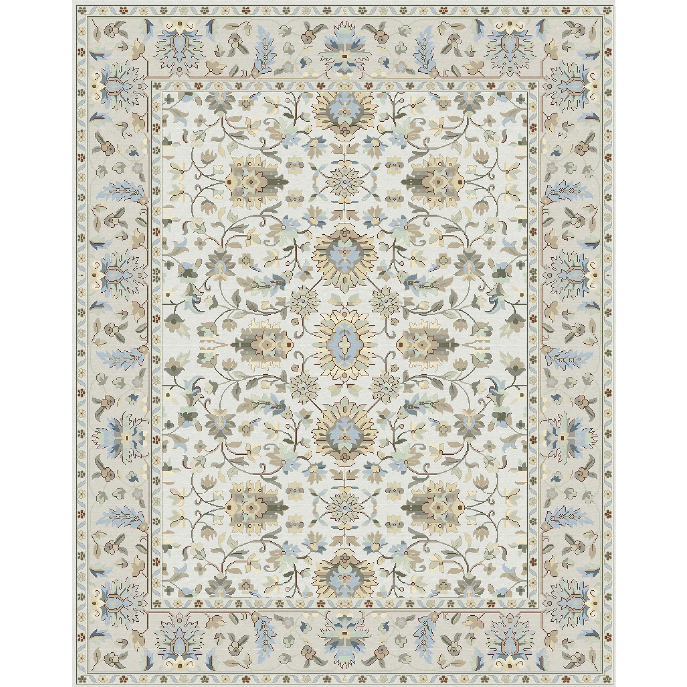 Handmade rug in an intricate floral damask in pastel tones on white. 