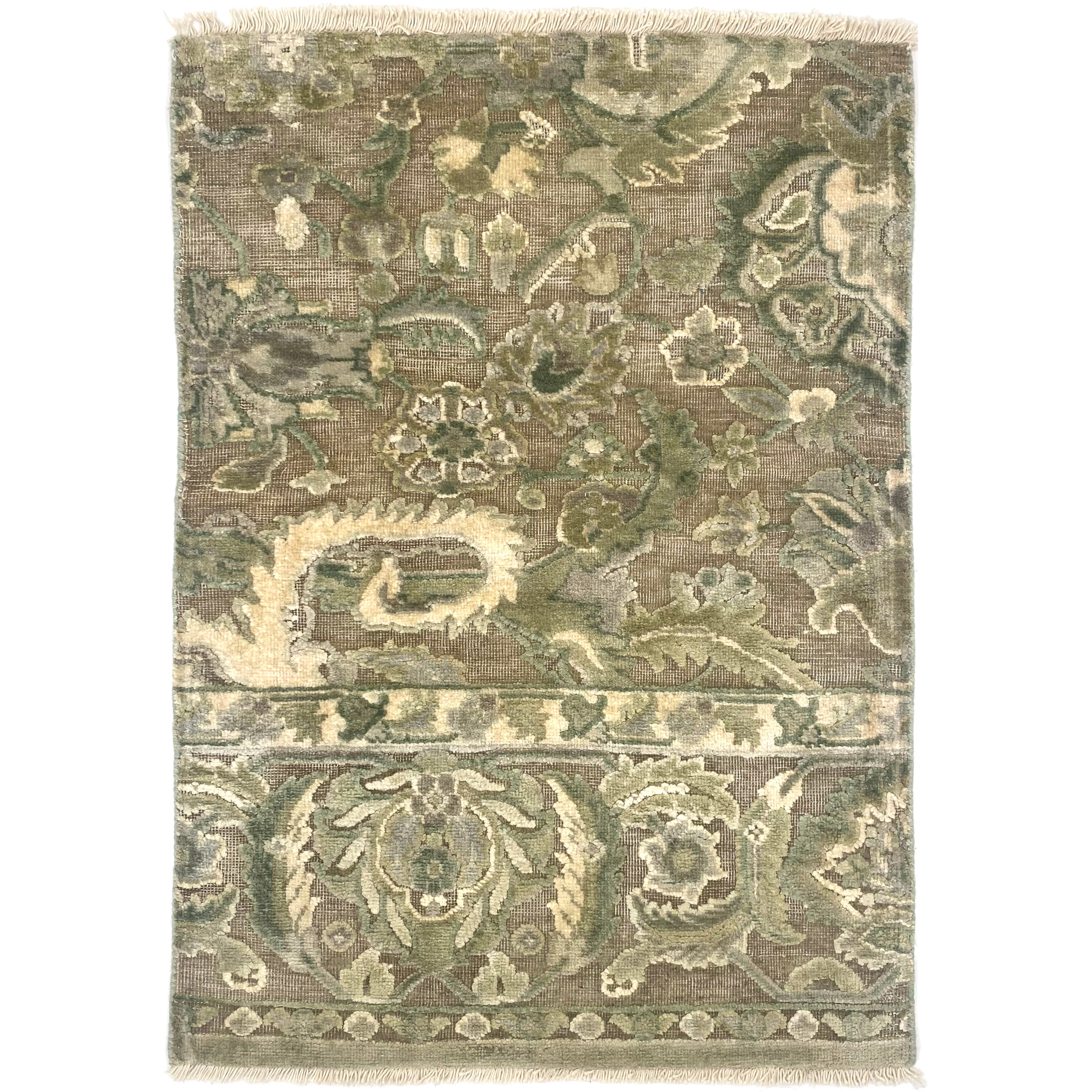 Decorative rug with intricate patterns on a plain background