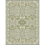 Decorative rug with intricate patterns in shades of green on a white background