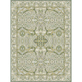 Decorative rug with intricate patterns in shades of green on a white background