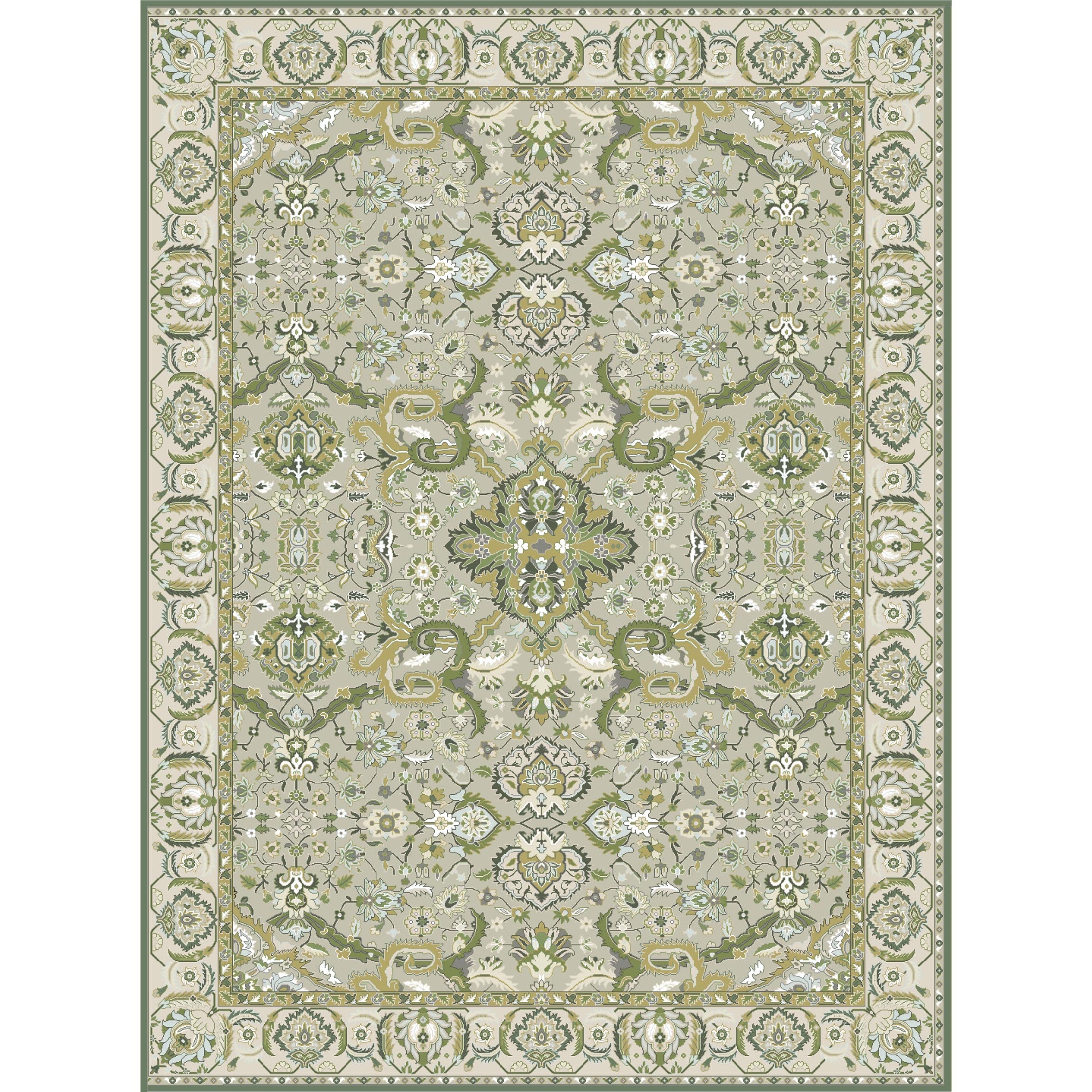 Decorative rug with intricate patterns in shades of green on a white background