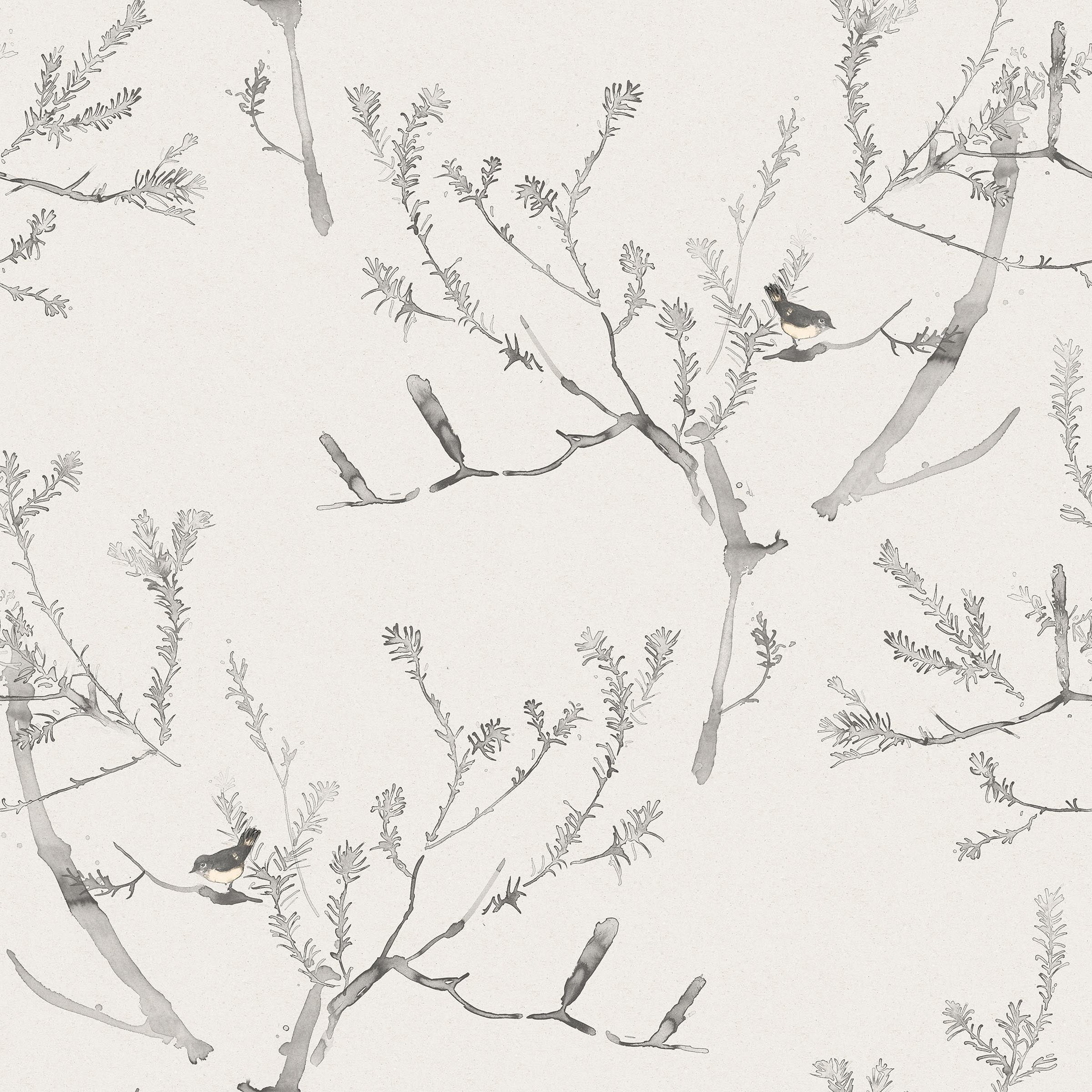 Detail of fabric in a painterly bird and branch pattern in shades of gray on a greige field.