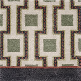 Close-up of a geometric patterned rug with squares and angled lines.
