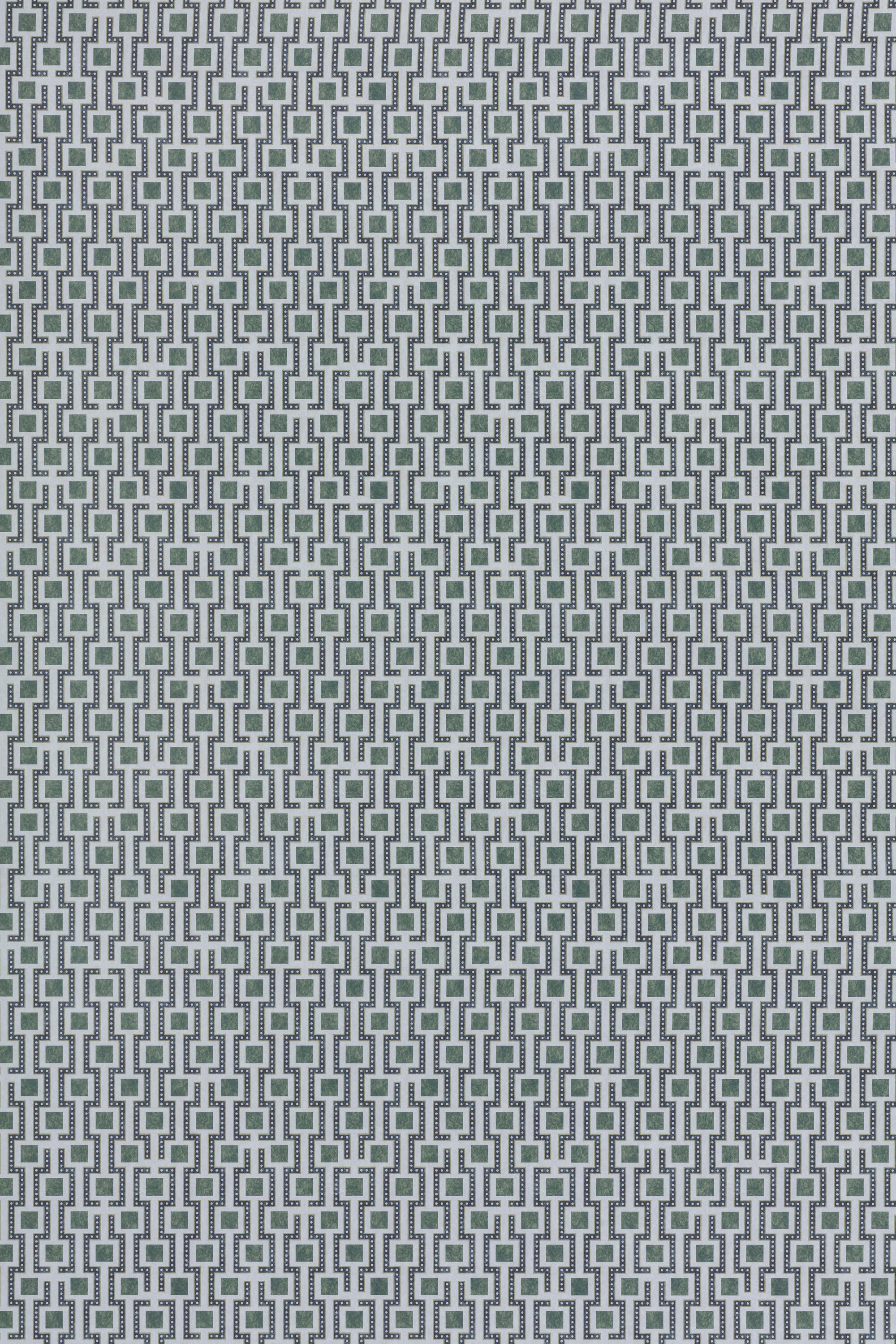 Wallpaper panel in a geometric grid print in shades of green, blue and gray.