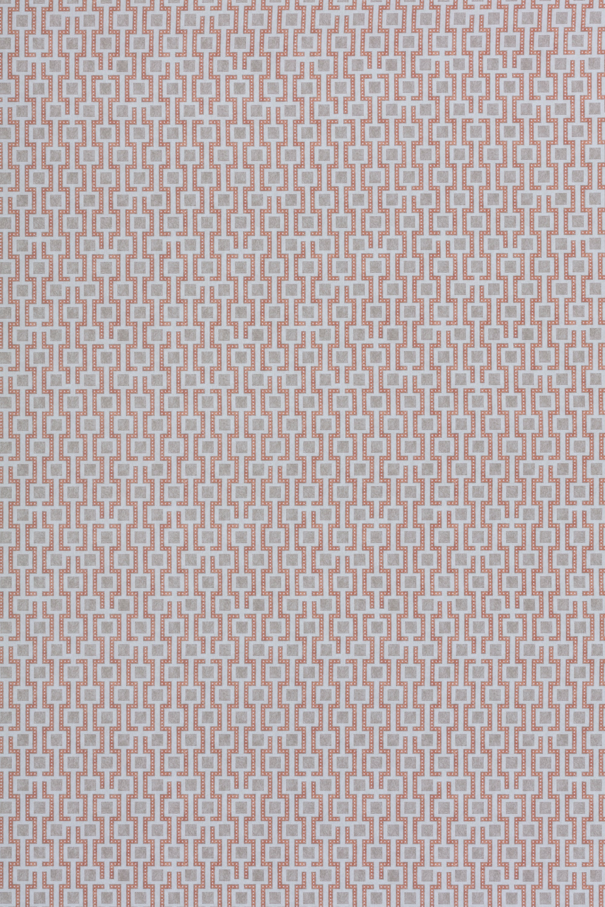 Wallpaper panel in a geometric grid print in shades of pink and gray.