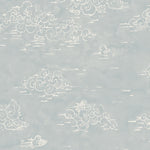 Detail of wallpaper in a painterly cloud pattern in white on a sky blue watercolor field.
