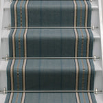 Striped flatweave runner in blue on white staircase