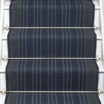 Striped flatweave runner in blue on white staircase