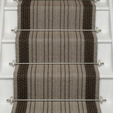 Striped flatweave runner in grey black on white staircase