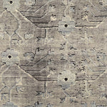 A rug with an overall flower and vine pattern in shades of pale grey, taupe, ivory, and black.