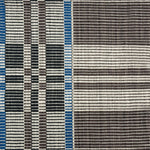Handwoven rug in a large scale plaid in shades of brown, cream, black and blue. 