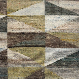 Handknotted rug sample in a diamond harlequin in green, aqua, and charcoal. 