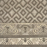 Handknotted rug sample in an old world lattice design with a decorative border in shades of taupe. 