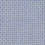 Embroidered fabric with a basketweave design in blue on a white field. 