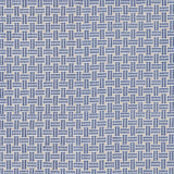 Embroidered fabric with a basketweave design in blue on a white field. 
