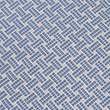 Close up of embroidered fabric with a basketweave design in blue on a white field. 