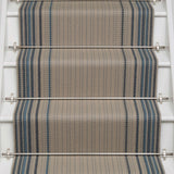 Striped flatweave runner in crem and blue on white staircase