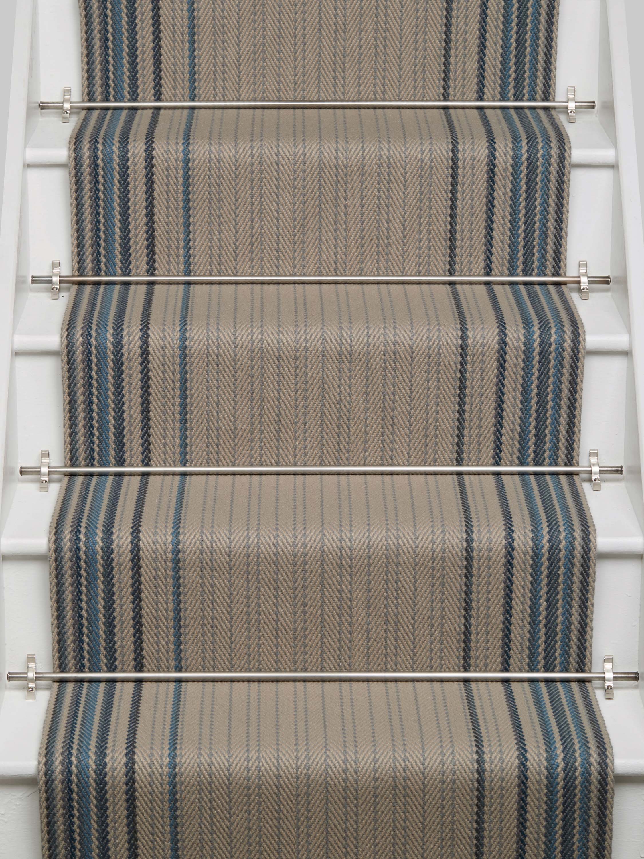 Striped flatweave runner in crem and blue on white staircase